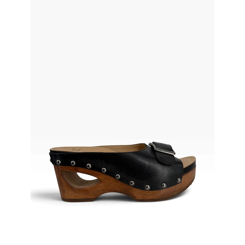Dansko Adeline Wood Platform Cutout Clog Slide Sandals Size 8.5-9 Black Leather